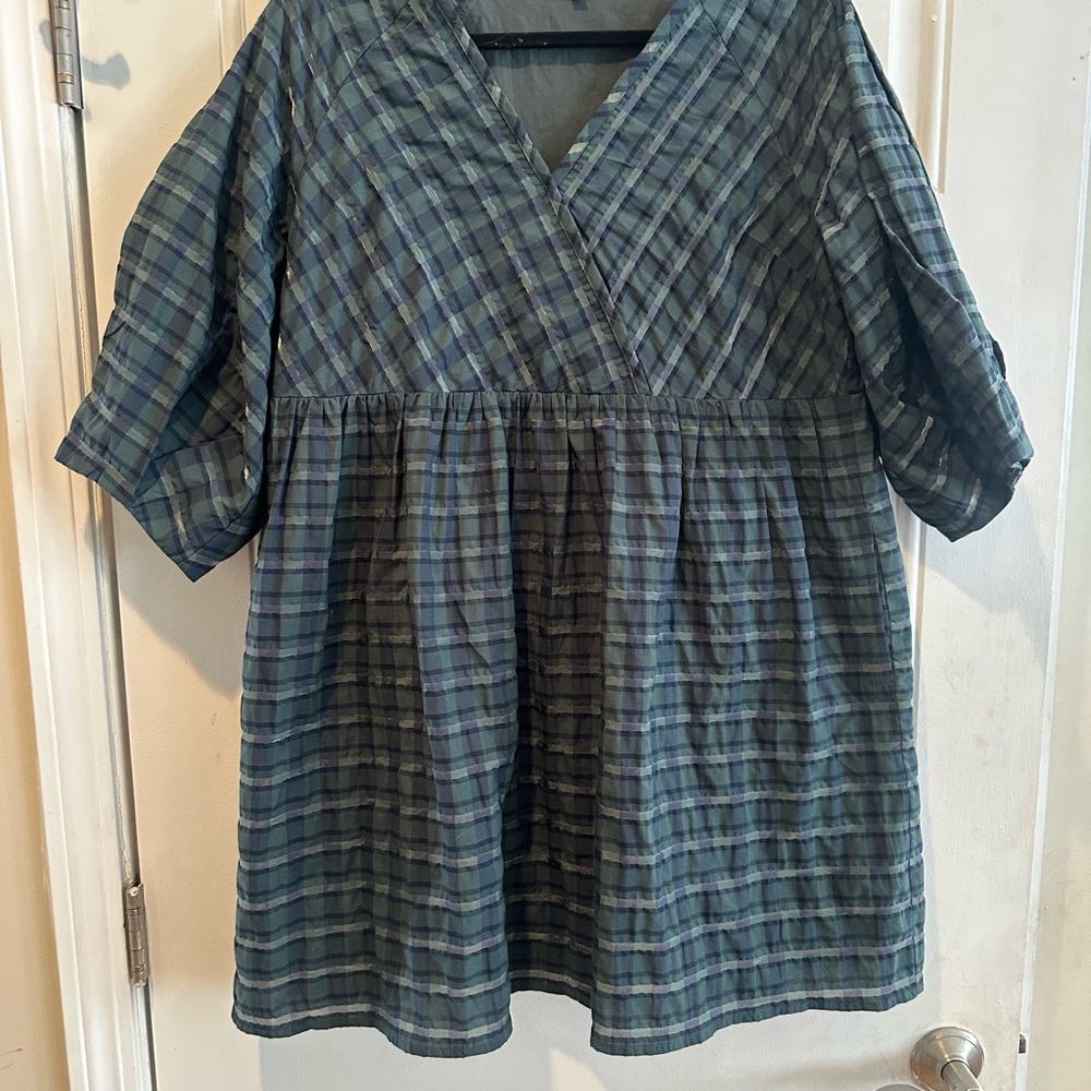 Madewell Plaid V-Neck Midi Dress in Blue and Green